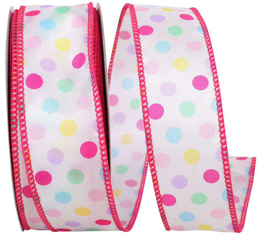 Pink 1-1 2 Inch Aspirin Pastel Multi Dot Wired Edge Ribbon for Wreaths & Bows