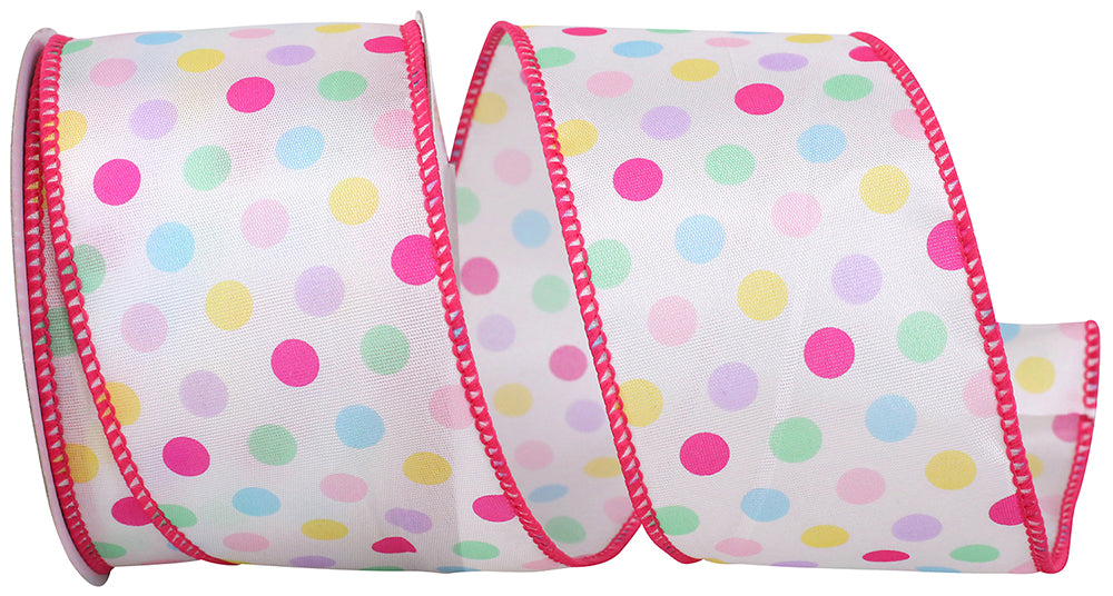 Pink 2-1 2 Inch Aspirin Pastel Multi Dot Wired Edge Ribbon for Wreaths & Bows