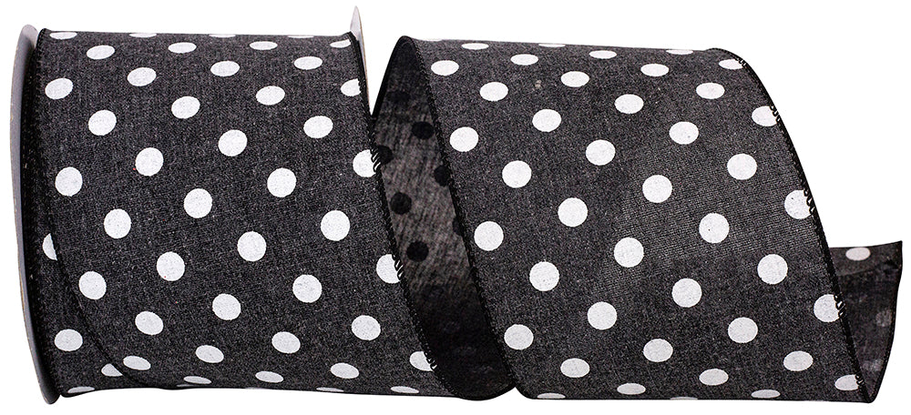 Black 4 Inch Aspirin Dot Linen Wired Edge Ribbon for Wreaths & Bows