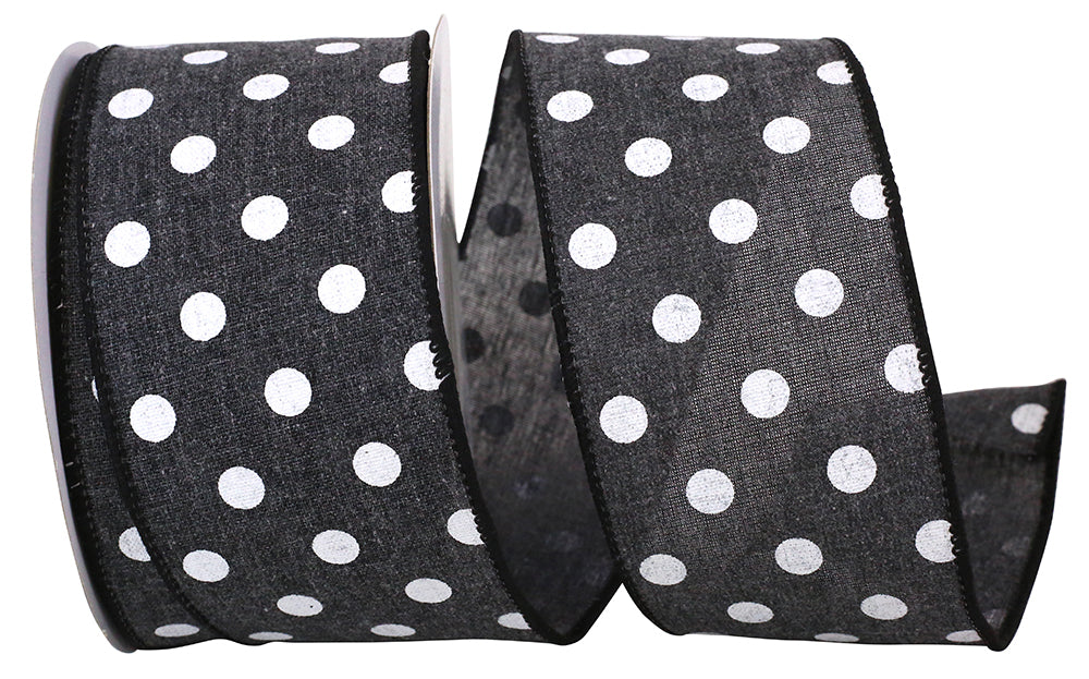 Black 2-1 2 Inch Aspirin Dot Linen Wired Edge Ribbon for Wreaths & Bows