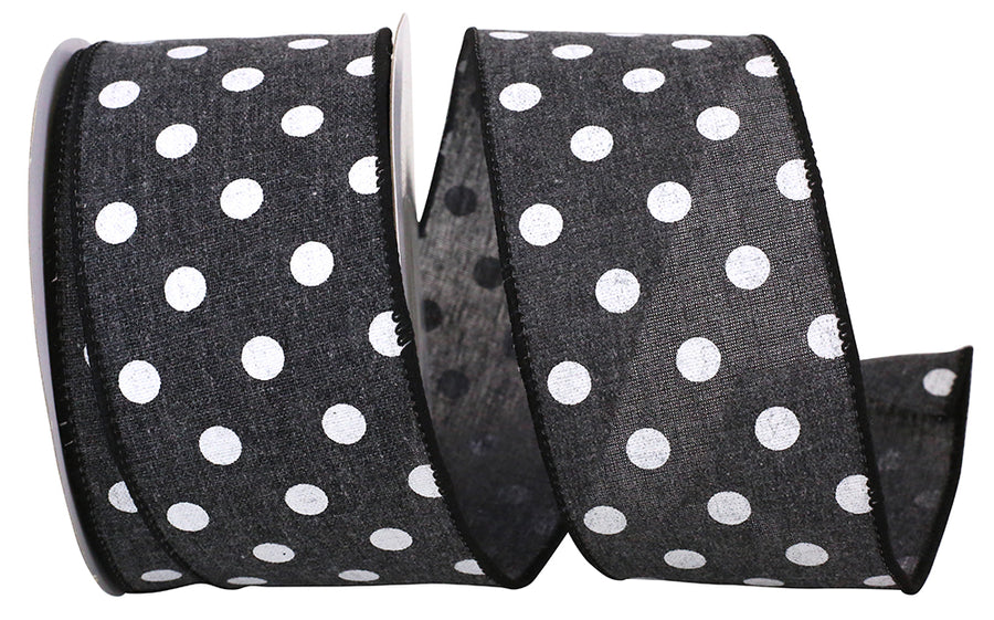 Black 2-1 2 Inch Aspirin Dot Linen Wired Edge Ribbon for Wreaths & Bows