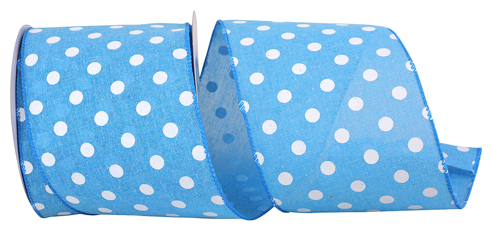 Blue 4 Inch Aspirin Dot Linen Wired Edge Ribbon for Wreaths & Bows