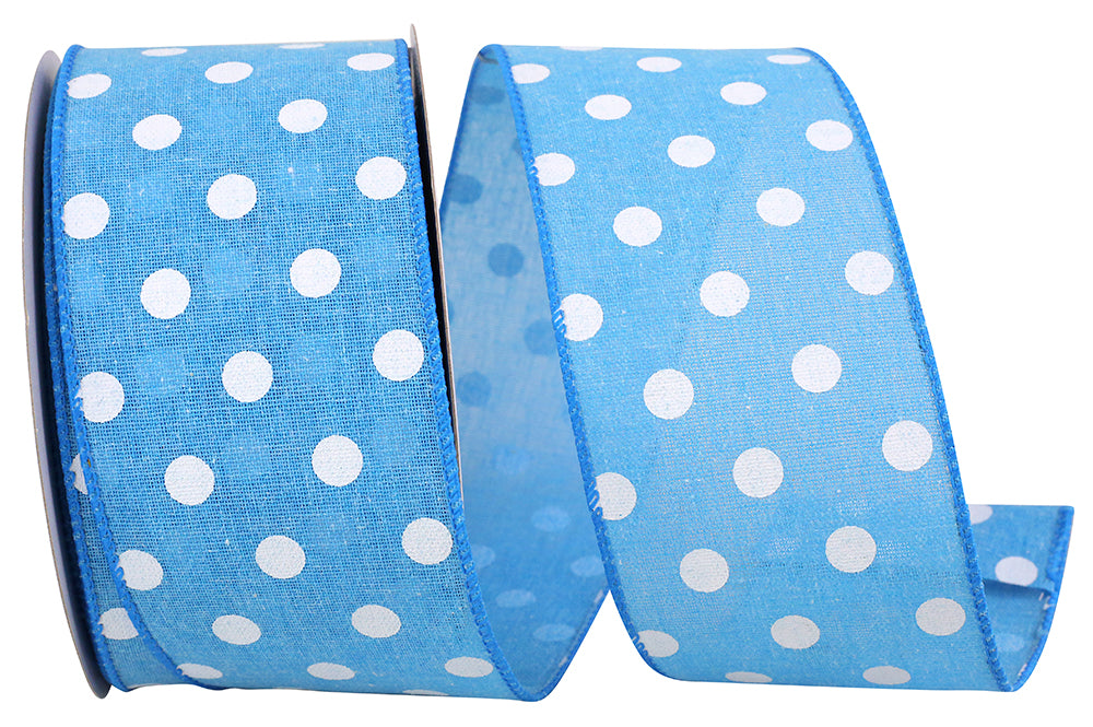 Blue 2-1 2 Inch Aspirin Dot Linen Wired Edge Ribbon for Wreaths & Bows