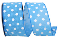 Blue 2-1 2 Inch Aspirin Dot Linen Wired Edge Ribbon for Wreaths & Bows
