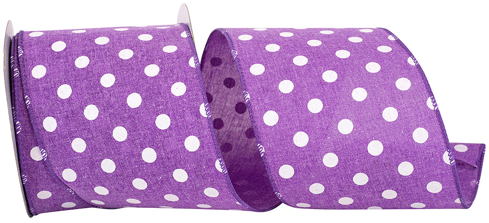 Purple 4 Inch Aspirin Dot Linen Wired Edge Ribbon for Wreaths & Bows