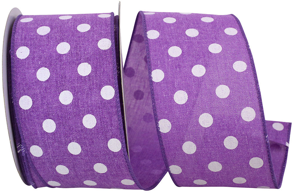 Purple 2-1 2 Inch Aspirin Dot Linen Wired Edge Ribbon for Wreaths & Bows