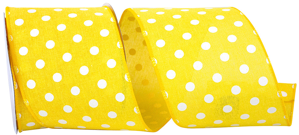 Yellow 4 Inch Aspirin Dot Linen Wired Edge Ribbon for Wreaths & Bows