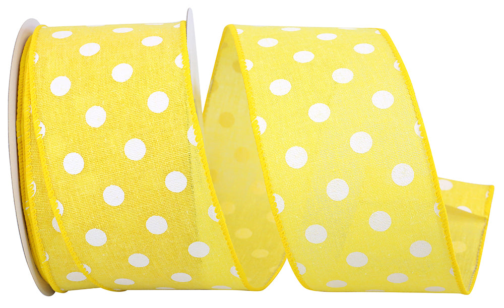 Yellow 2-1 2 Inch Aspirin Dot Linen Wired Edge Ribbon for Wreaths & Bows