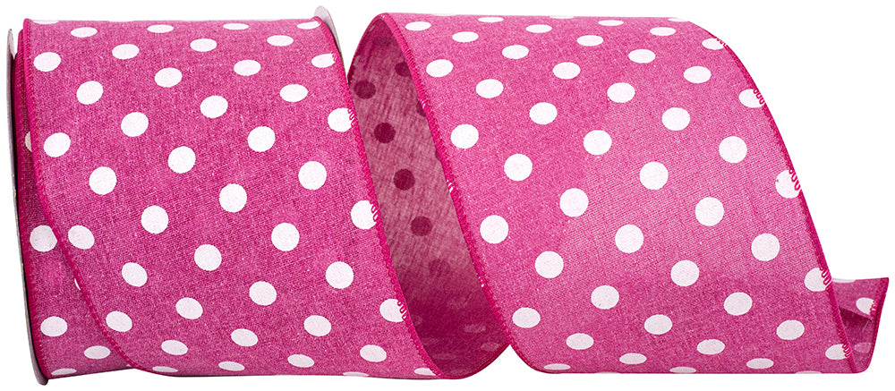 Fuchsia 4 Inch Aspirin Dot Linen Wired Edge Ribbon for Wreaths & Bows