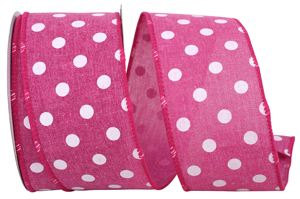 Fuchsia 2-1 2 Inch Aspirin Dot Linen Wired Edge Ribbon for Wreaths & Bows