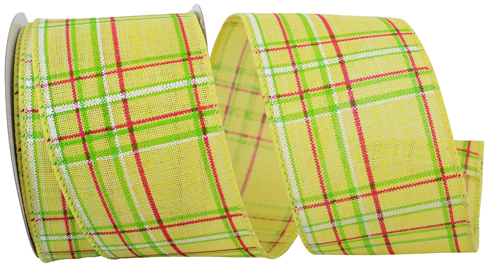Banana Wired Edge Ribbon 2-1/2 Inch Pinstripe Plaid