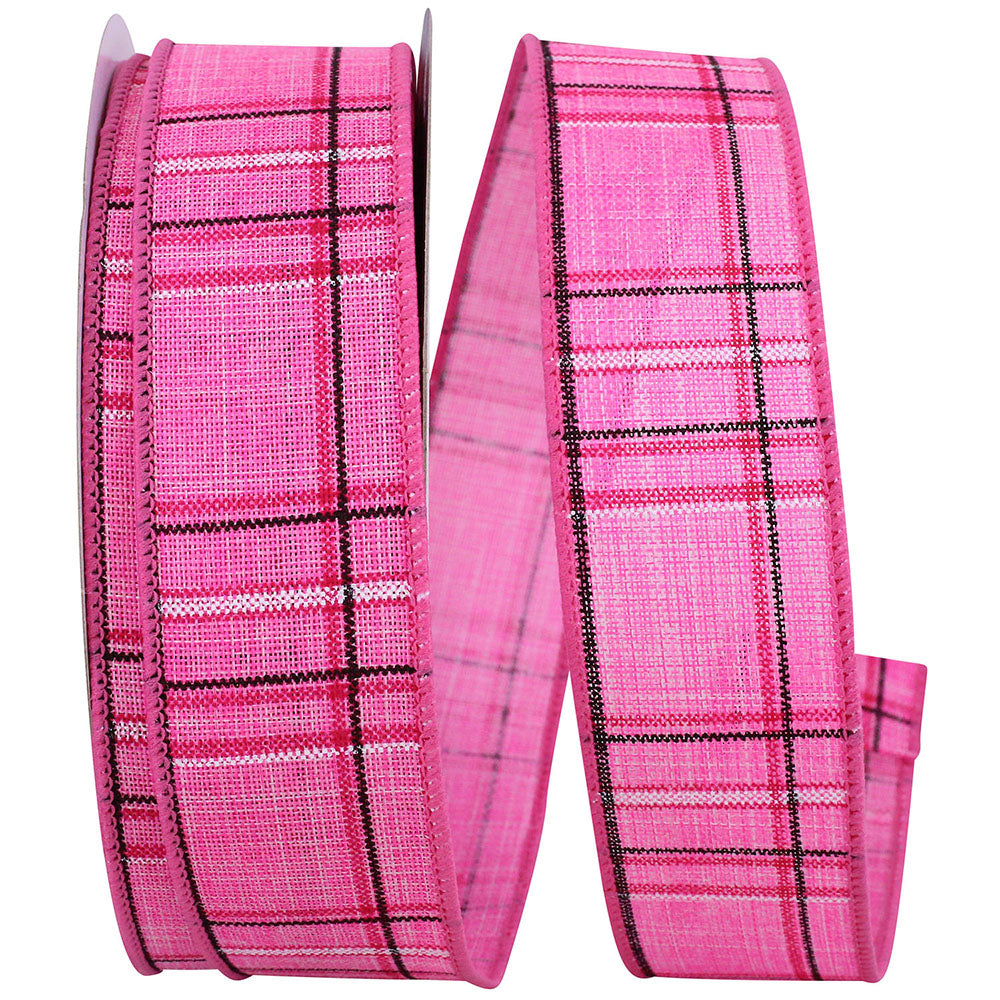 Pink Plaid Wired Edge Ribbon 1-1/2 Inch 20 Yards Polyester