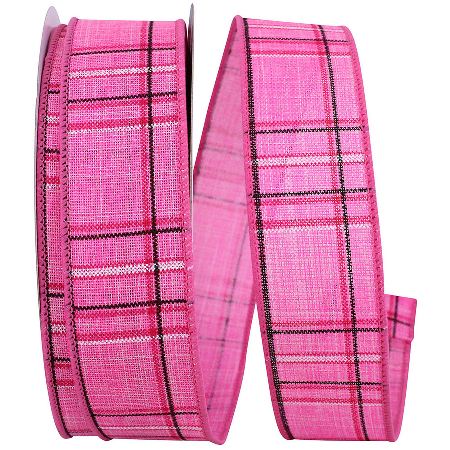 Pink Plaid Wired Edge Ribbon 1-1/2 Inch 20Yds Polyester