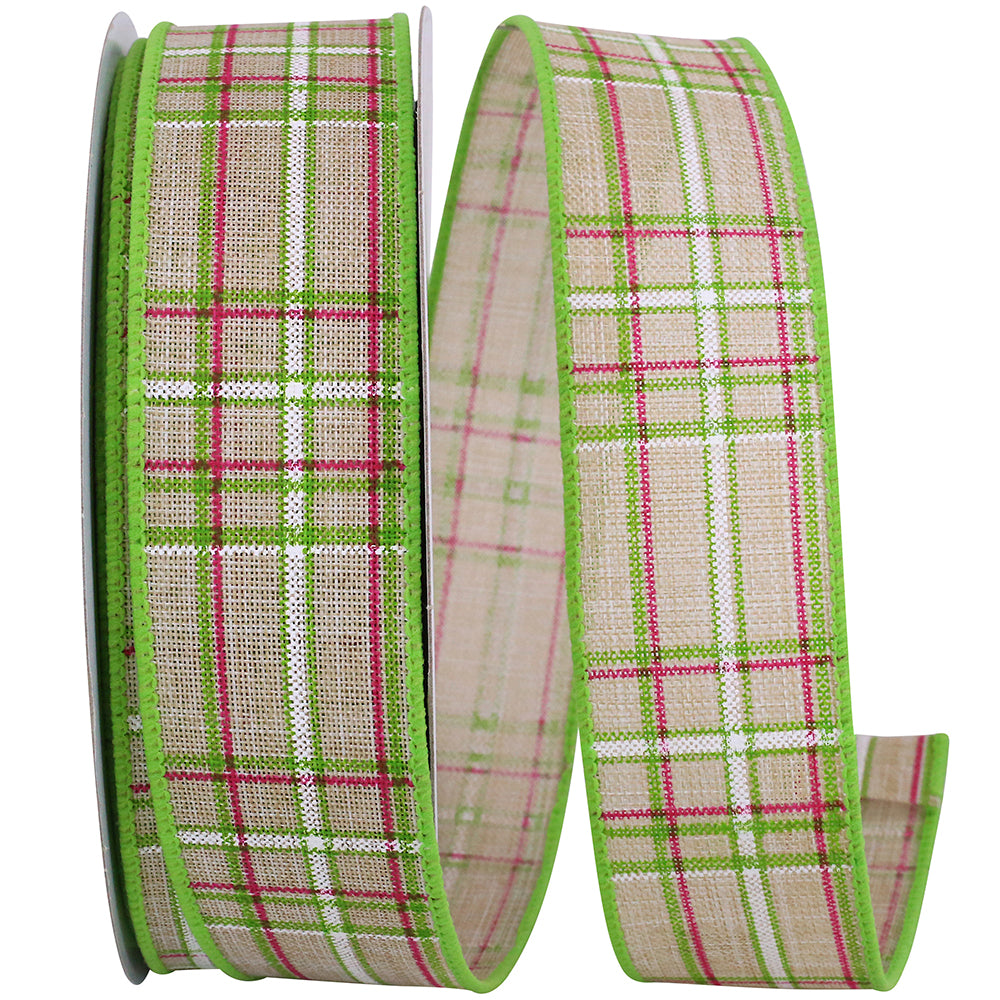 Natural Pinstripe Plaid Linen Wired Edge Ribbon 1-1/2 Inch