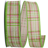 Natural Pinstripe Plaid Linen Wired Edge Ribbon 1-1/2 Inch