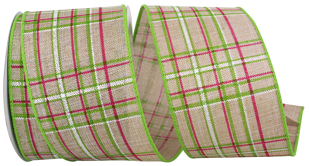 Natural 2-1/2 Inch Plaid Linen Wired Edge Ribbon