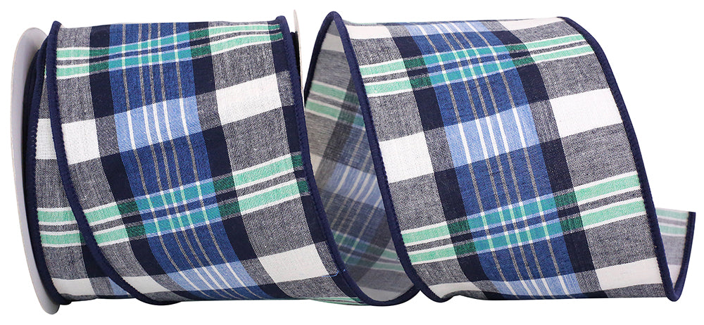 Blue Canvas Plaid Wired Edge Ribbon 4 Inch for Wreaths