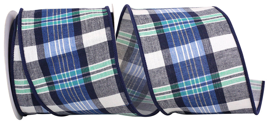 Blue Canvas Plaid Wired Edge Ribbon 4 Inch for Wreaths