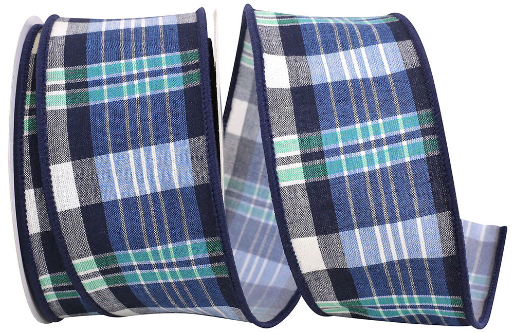Blue Canvas Plaid Wired Edge Ribbon 2-1/2 Inch for Wreaths