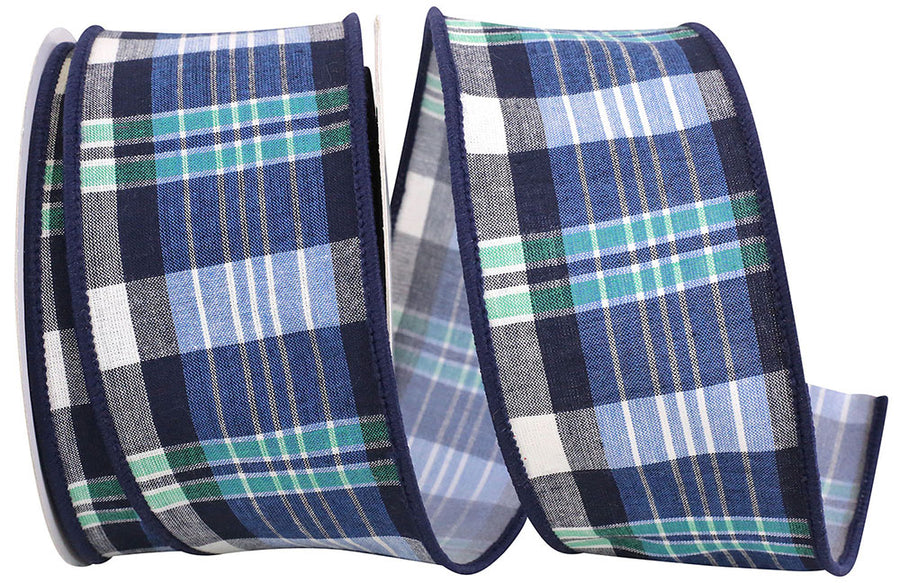 Blue Canvas Plaid Wired Edge Ribbon 2-1/2 Inch for Wreaths