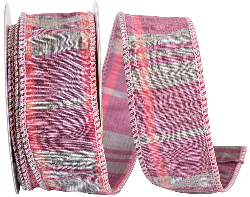 Wired Edge Ribbon Pink 1-1/2 Inch Plaid Polyester