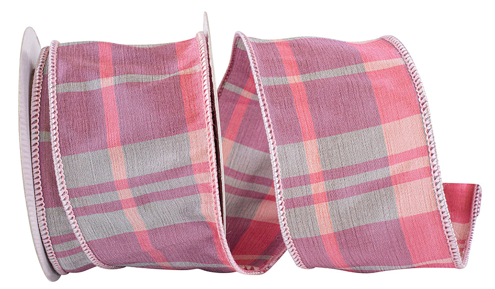 Wired Edge Ribbon Pink Plaid 2-1/2 Inch 10 Yards Polyester