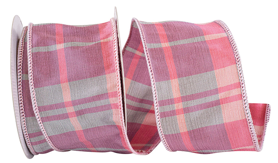 Wired Edge Ribbon Pink Plaid 2-1/2 Inch 10Yds Polyester
