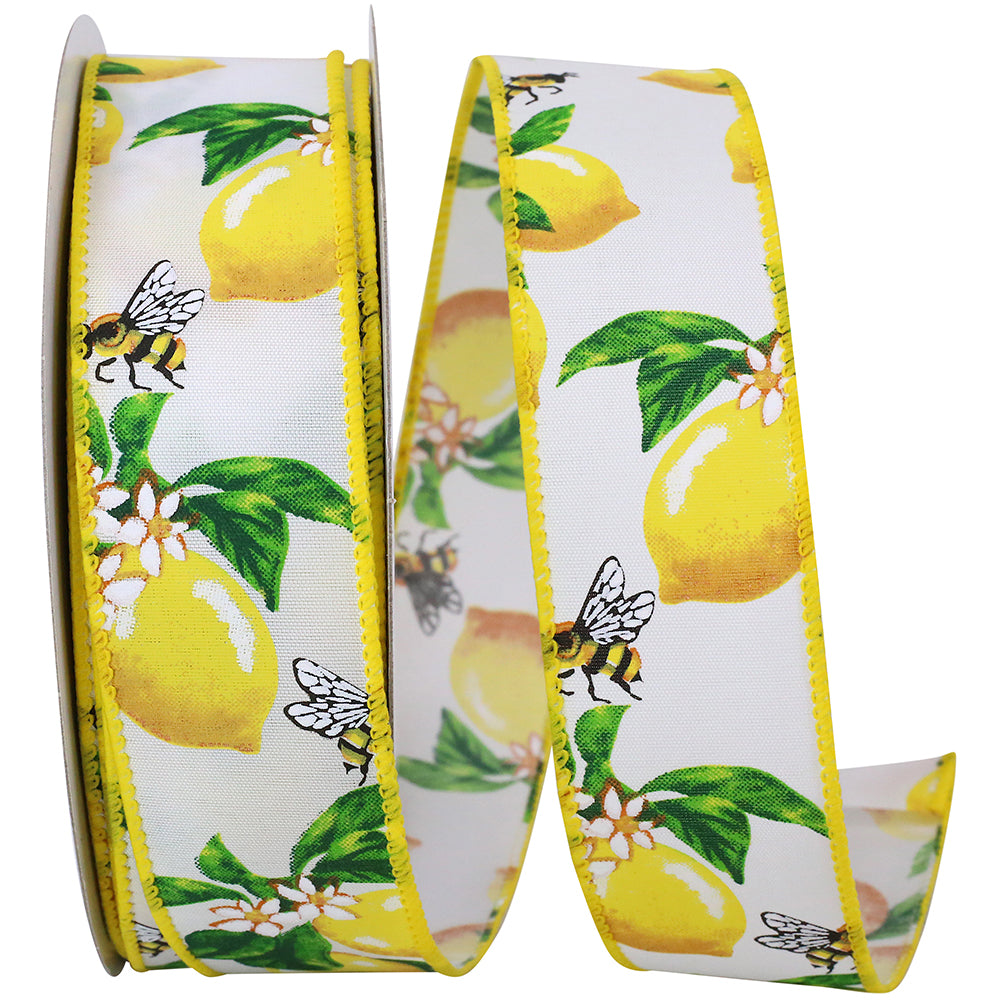 White 1-1 2 Inch Lemons Bees & Flowers Wired Edge Ribbon for Wreaths & Bows