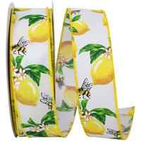 White 1-1 2 Inch Lemons Bees & Flowers Wired Edge Ribbon for Wreaths & Bows