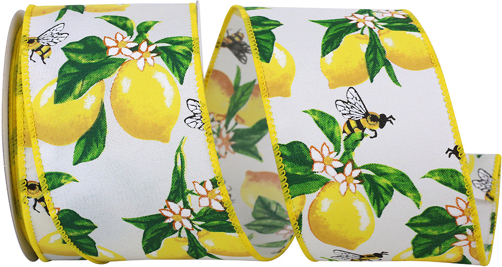White 2-1 2 Inch Lemons Bees & Flowers Wired Edge Ribbon for Wreaths & Bows
