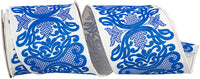 White Blue 4 Inch Regal Filigree Chinoiserie Printed Dupioni Wired Edge Ribbon for Wreaths & Bows