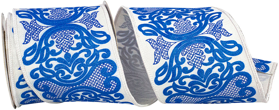 White Blue 4 Inch Regal Filigree Chinoiserie Printed Dupioni Wired Edge Ribbon for Wreaths & Bows