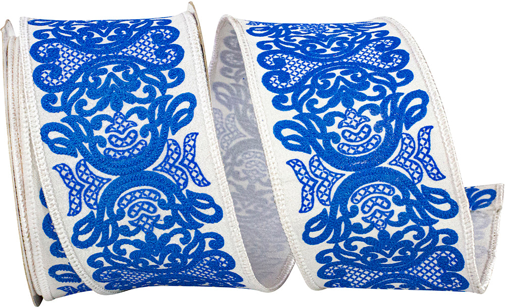 White Blue 2-1 2 Inch Regal Filigree Chinoiserie Printed Dupioni Wired Edge Ribbon for Wreaths & Bows