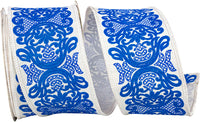 White Blue 2-1 2 Inch Regal Filigree Chinoiserie Printed Dupioni Wired Edge Ribbon for Wreaths & Bows