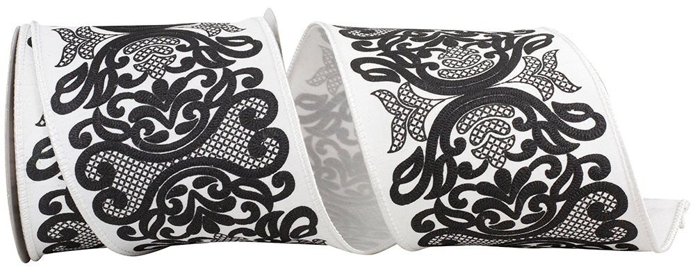 White Black 4 Inch Regal Filigree Chinoiserie Printed Dupioni Wired Edge Ribbon for Wreaths & Bows