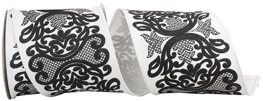 White Black 4 Inch Regal Filigree Chinoiserie Printed Dupioni Wired Edge Ribbon for Wreaths & Bows