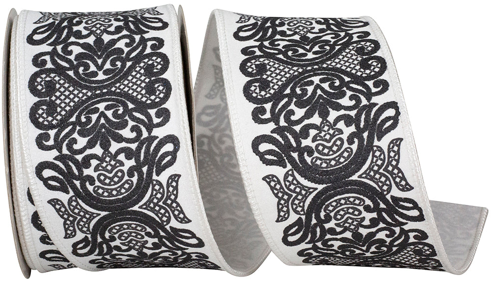 White Black 2-1 2 Inch Regal Filigree Chinoiserie Printed Dupioni Wired Edge Ribbon for Wreaths & Bows