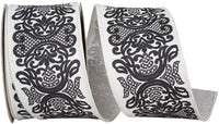 White Black 2-1 2 Inch Regal Filigree Chinoiserie Printed Dupioni Wired Edge Ribbon for Wreaths & Bows