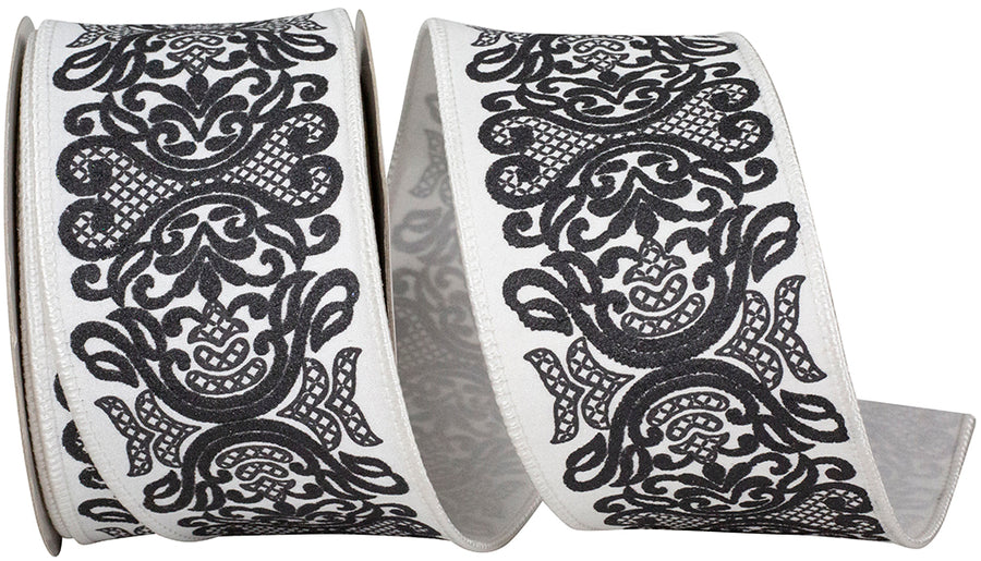 White Black 2-1 2 Inch Regal Filigree Chinoiserie Printed Dupioni Wired Edge Ribbon for Wreaths & Bows