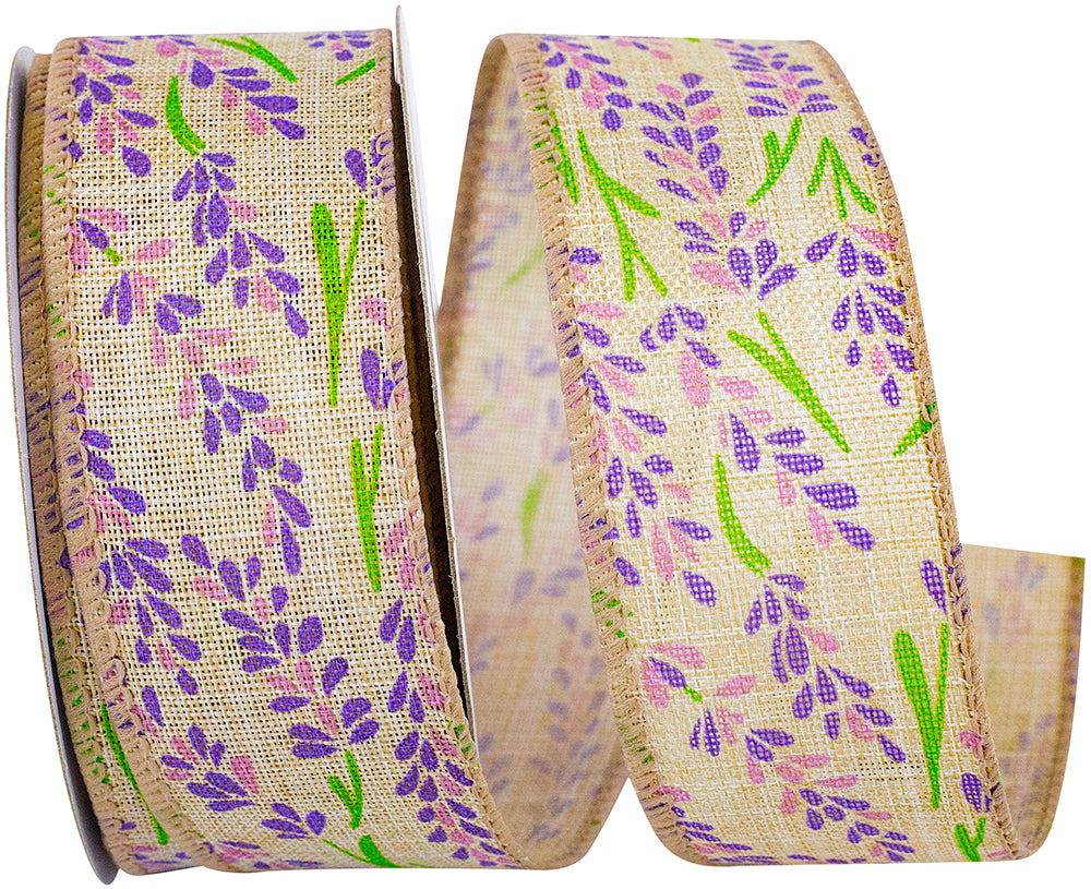 Natural 1-1 2 Inch Lavender Buds Natural Linen Wired Edge Ribbon Rd for Wreaths & Bows