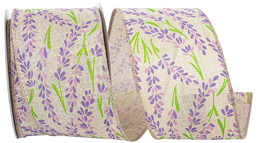 Natural 2-1 2 Inch Lavender Buds Natural Linen Wired Edge Ribbon Rd for Wreaths & Bows