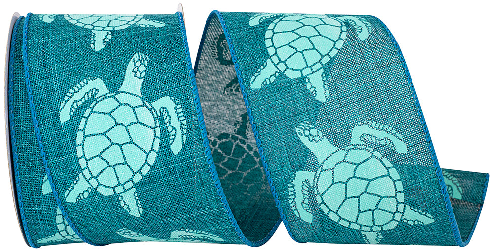 Teal Sea Turtle Linen Wired Edge Ribbon 2-1/2 Inch