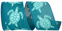 Teal Sea Turtle Linen Wired Edge Ribbon 2-1/2 Inch