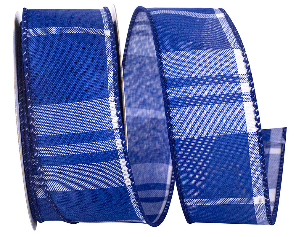 Cobalt Wired Edge Ribbon 1-1/2 Inch Grand Plaid for Bows