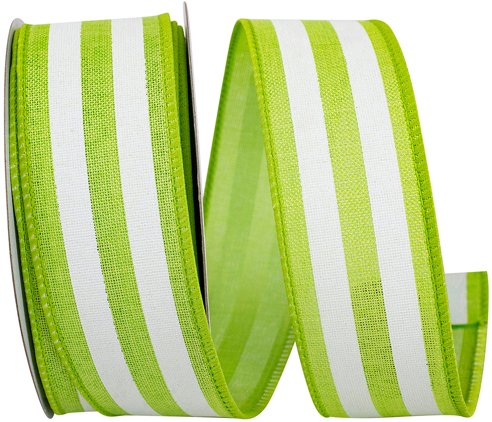 Lime 1-1 2 Inch Continuous Stripe Linen Wired Edge Ribbon Rd for Wreaths & Bows