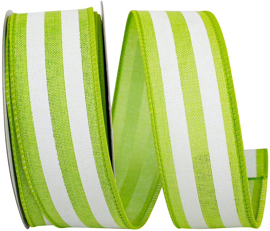 Lime 1-1 2 Inch Continuous Stripe Linen Wired Edge Ribbon Rd for Wreaths & Bows