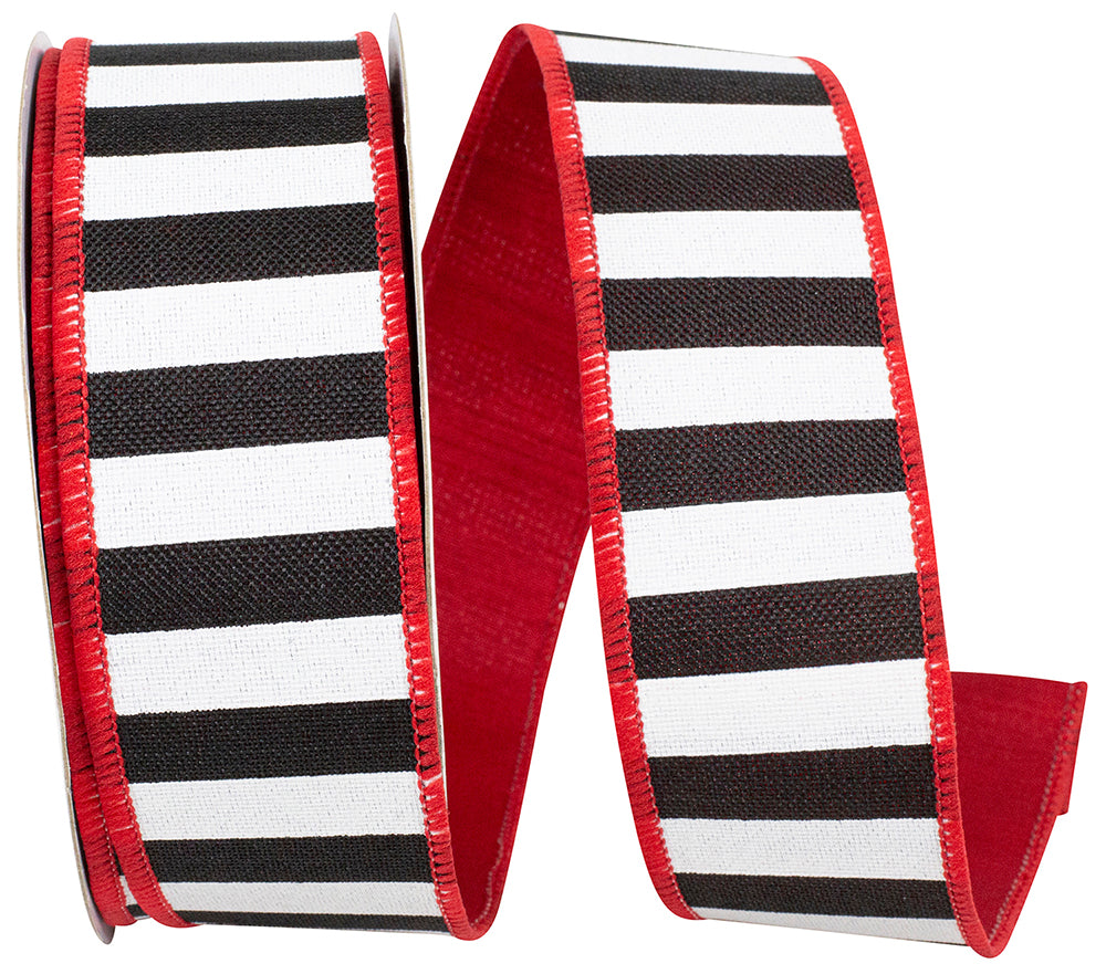Black White Red 1-1 2 Inch Cabana Stripe Dupioni Backing Wired Edge Ribbon Rd for Wreaths & Bows