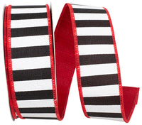 Black White Red 1-1 2 Inch Cabana Stripe Dupioni Backing Wired Edge Ribbon Rd for Wreaths & Bows