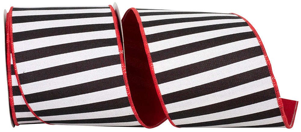 Black White Red 4 Inch Cabana Stripe Dupioni Backing Wired Edge Ribbon Rd for Wreaths & Bows