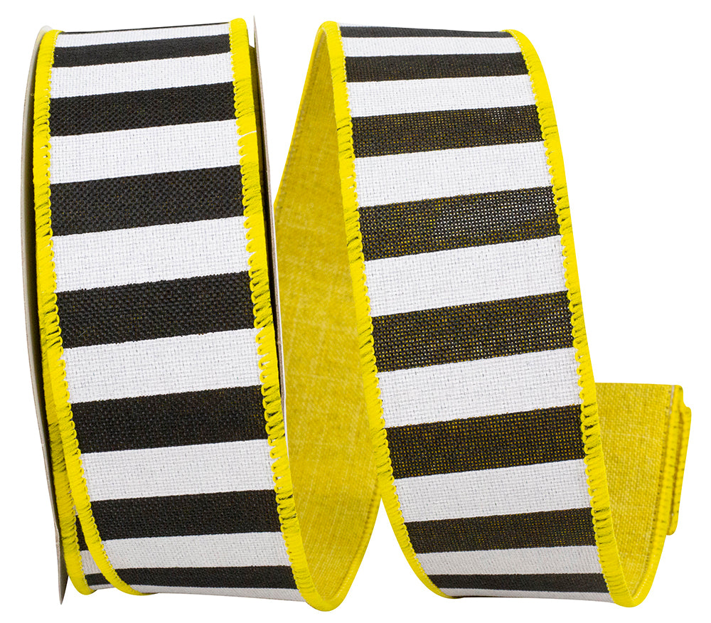 Black White Yellow 1-1 2 Inch Cabana Stripe Dupioni Backing Wired Edge Ribbon Rd for Wreaths & Bows